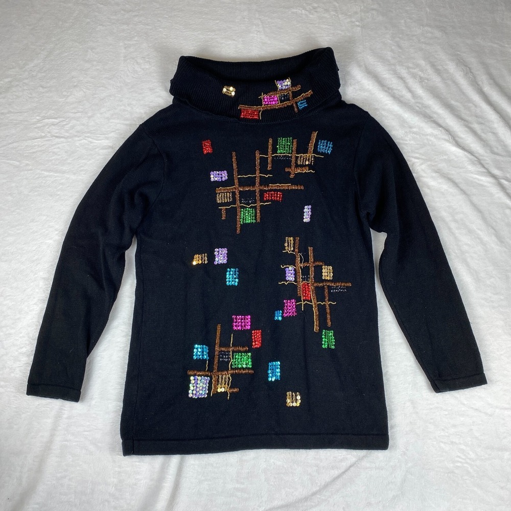 Victoria Jones Sweater Womens‎ Large Black Indie Grunge Knit Sequin Turtleneck